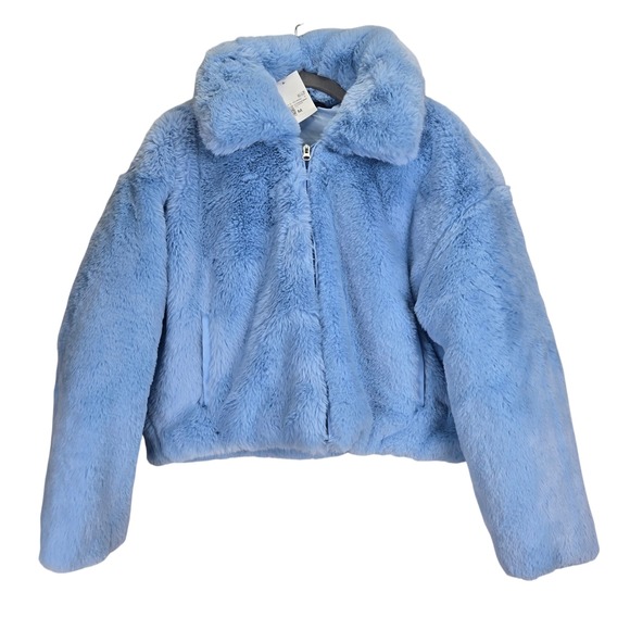 NWT Forever 21 Faux Fur Women Coat Jacket Medium Cozy Outdoor Blue Water Mobwife - Picture 1 of 7